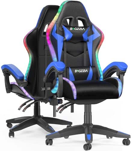 Bigzzia RGB Gaming Chair with LED Lights and Ergonomic Computer Chair Reclining PU Leather High Back Video Game Chair with Headrest Adjustable Lumbar Support Linkage Armrest for Adults (Black/Blue)