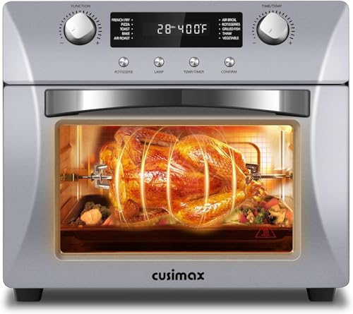 CUSIMAX Air Fryer,10-in-1 Convection Toaster Oven Countertop, 24QT Airfryer Toaster Oven Combo with Rotisserie & Dehydrator,7 Accessories,1700w,Stainless Steel,Silver