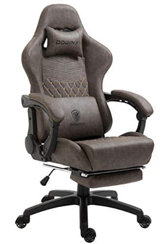 Dowinx Gaming Chair Office Desk Chair with Massage Lumbar Support, Vintage Style Task Chair PU Leather High Back Gamer Chair with Retractable Footrest (Brown)