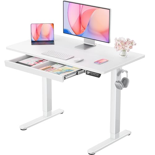 ErGear Standing Desk with Drawer, 44 x 24 inch Electric Height Adjustable Desk with 4 Preset Heights & 2 Storage Hooks, Sit Stand Desk Computer Desk with Drawer for Home & Office, White EGESD79W
