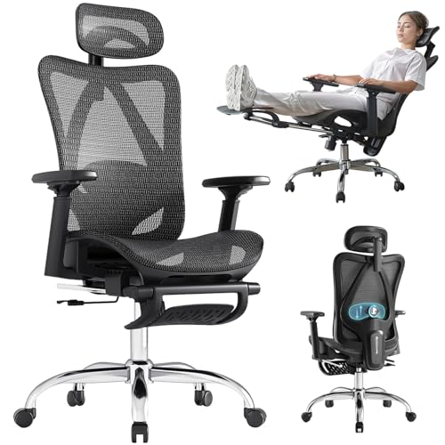 Ergonomic Office Chair, SGS Certified Gas Cylinder, 400 LBS Capacity, Retractable Footrest, Office Chair with Adjustable Lumbar Support, Gaming Chair, Mesh Office Chair