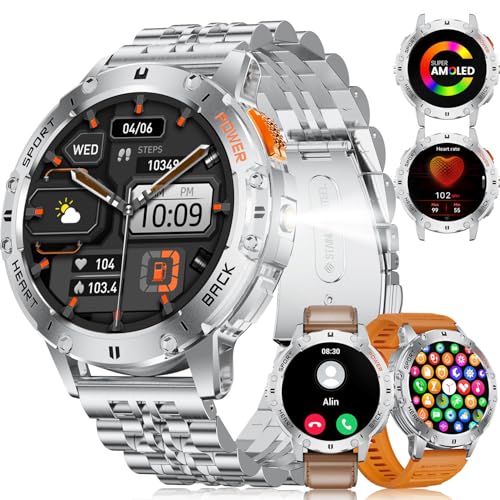 ESFOE Smart Watches for Men(3 Straps),1,43'' AMOLED Military Smart Watch for Men with LED Flashlight/530mAh Large Battery/5ATM Waterproof,Fitness Tracker Smartwatch with Answer/Make Call Silver