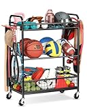 EXTCCT Ball Storage Sports Equipment Organizer - Garage Storage Cart Rolling Ball Storage Rack with Hooks Wheels Outdoor Indoor Gym Gear Toy Holder Bin for Basketball, Baseball, Soccer