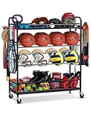EXTCCT Garage Sports Equipment Organizer - Rolling Ball Storage Bin with Wheels, Garage Sports Gear Rack Outdoor Basketball Racks for Balls with Baseball Bat Holder and Hooks, Toy Organizer