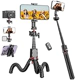 Flexible Tripod Selfie Stick for iPhone - Extendable Phone Tripod Selfie Stick with Cold Shoe Mount & Remote, Cell Phone Tripod Stand for Video Recording Vlog Compatible with iPhone Android Camera
