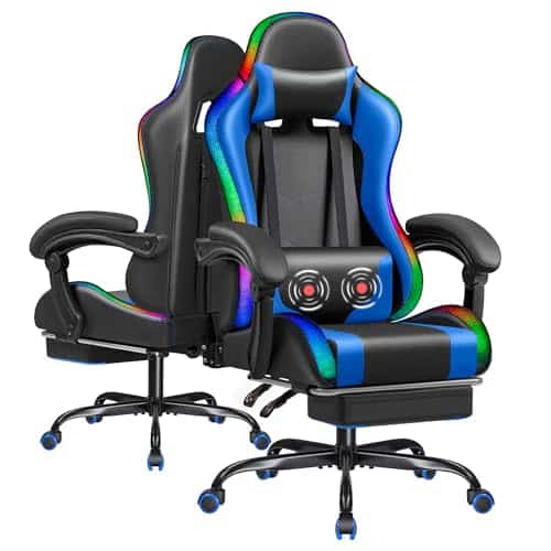 Furmax Gaming Chair with RGB LED Lights, Video Game Chair with Footrest and Massage Lumbar Support, High Back Reclining Computer Chair with Headrest, Swivel Seat Gamer Chair (LED Blue)