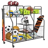 Garage Sports Equipment Organizer, Ball Storage Rack, Garage Organizer System, Indoor/Outdoor Sports Rack, Rolling Sports Ball Storage Cart with Wheels, for Basketballs Footballs Volleyball, Black