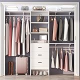 Girapow 96 inch Closet System with 3 Wooden Drawers, Closet Organizer System with Storage Shelves Cutable, Wall-mounted Closet System with 3 Adjustable Hanging Rods for Walk-in Closet, White