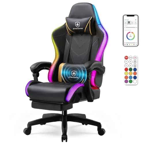 GTPLAYER Gaming Chair, RGB Gaming Chair with LED Lights, Video Gaming Chair for Adults, Ergonomic Computer Gaming Chair with Linkage Armrest, Reclining Chair with Headrest (with Massage, Black)