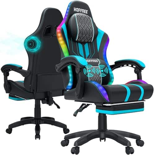 HOFFREE Led Gaming Chair Massage with Speakers Big and Tall Video Game Chair with Footrest for 400lbs Reclining High Back Computer Desk Chair Blue and Black