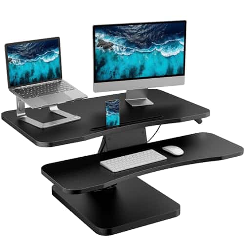 HUANUO 32 Inch Height Adjustable Standing Desk Converter, Sit to Stand Up Desk Riser with Wide Keyboard Tray for Home Office, Dual Monitor and Laptop standing desk topper , Black