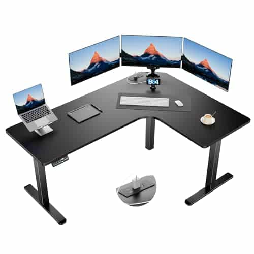 HUANUO 63″ Dual Motor L-Shaped Standing Desk, Built-in Power Outlets, Electric Height Adjustable Corner Computer Desk, Large Power Strip Holder, Sit Stand Up Desk with 3 Preset Heights, Black