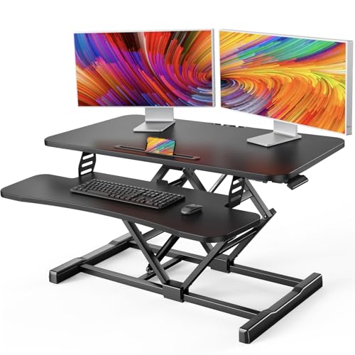HUANUO Standing Desk Converter, 36” Sit to Stand Desk with Keyboard Tray, Height Adjustable Stand Up Desk Riser for Home Office, Dual Monitor and Laptop Workstation, Black