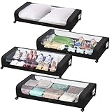INVOCOO 4 Pack Under Bed Storage with Wheels, Large Capacity Under Bed Storage Containers with Clear Lid,Handle,Label, Rolling Under Bed Shoe Storage Organizer for Clothes Toy Shoe Blanket(Black)