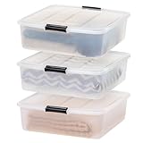 IRIS USA 33 Qt Plastic Under Bed Storage Organizer Bin Container with Secure Lids and Durable Black Buckles, 3-Pack, Multi-Purpose for Clothes Shoes Clothing Bedding, Short, Clear