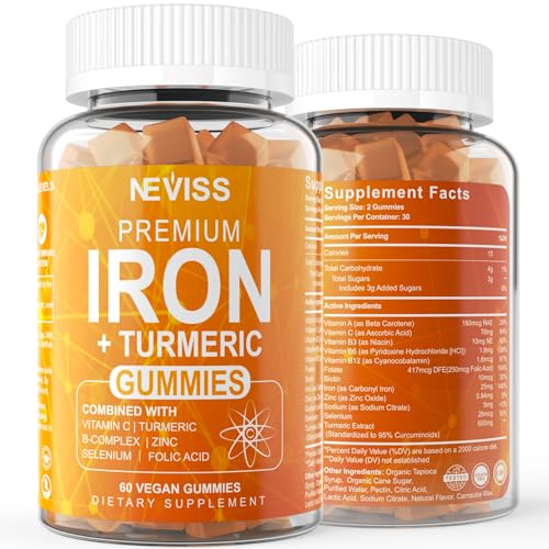Iron Supplement for Women & Men, Non-Constipating 25 mg Carbonyl Iron with Vitamin C, B-Complex & 600mg Turmeric, Blood Builder Iron Gummies for Anemia, Iron Deficiency, No Nausea, Chewy Iron, 120Cts