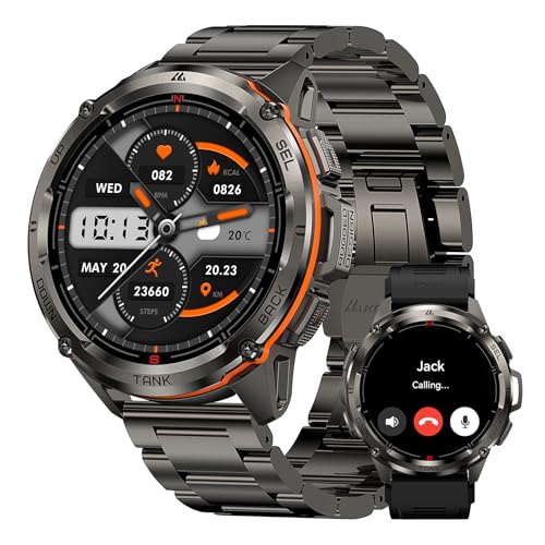 KOSPET Tank T3 Ultra GPS Smart Watch for Men-Pressure/Altitude/Compass, 480mAh Extra-Large Battery, Stainless Steel Body Rugged Military Smartwatch Make/Answer Call, 5ATM Waterproof (2 Bands)