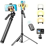 MAPLEPARTY 80" Phone Tripod, Tripod for iPhone & Selfie Stick Tripod Stand with Remote 2 Lights, All-in-1 360° Rotating Portable Travel Phone Tripod Stand for iPhone Cell Phone Android Camera,Black