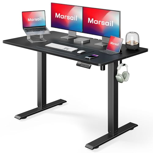 Marsail Standing Desk, Adjustable Heights,Stand Up Desk, 48x24 Inches Desktop Sit Stand Home Office Gaming Computer Desk with 4 Memory Presets, Headphone Hook, Cable Organizer, Black Top