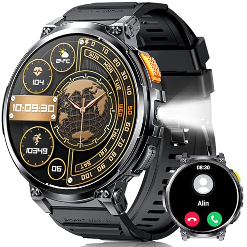 Military Smart Watch for Men with LED Flashlight 1.85” Big Screen Rugged Smart Watch 730mAh Large Battery 114 Sports Modes Fitness Watch Heart Rate Sleep Tracker Tactical Smartwatch for iOS Android