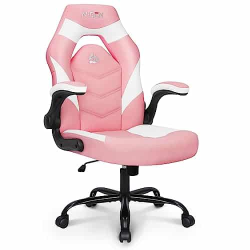 N-GEN Video Gaming Computer Chair Ergonomic Office Chair Desk Chair with Lumbar Support Flip Up Arms Adjustable Height Swivel PU Leather Executive with Wheels for Adults Women Men (Pink)