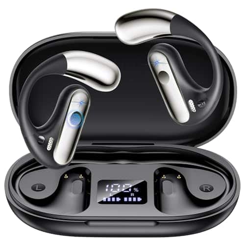 Open Ear Bluetooth 5.4 Earbuds, 2024 Wireless Headphones Sport Over Earphones Built-in Mic with Ear Hooks 50H Playtime Ear Buds LED Display Charging Case, Waterproof Design for Running Fitness, Black