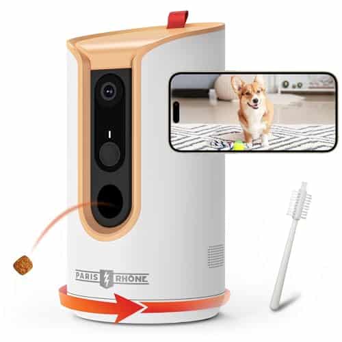 PARIS RHÔNE 2K Pet Camera, 360°View Dog Camera Treat Dispenser, 5G WiFi Pets Monitoring with Phone APP, Two-Way Audio, Infrared Night Vision, Barking Detection and Motion Alerts, Works with Alexa