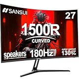 SANSUI 27 Inch Curved Gaming Monitor 180Hz 1ms with Speakers FHD 1080P Computer Monitor FreeSync|1500R|130% sRGB|HDR|Low Blue Light|HDMI DP Ports|VESA Mount|Metal Stand(ES-G27C1 HDMI Cable Included)