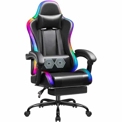 Shahoo Gaming Chair with LED Lights, Footrest and Massage Lumbar Support, Ergonomic Computer Seat Height Adjustable with 360°Swivel and Headrest, Black with RGB