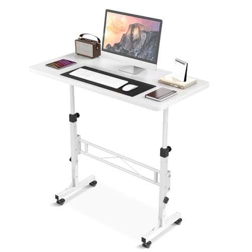 Small Standing Desk Adjustable Height, Mobile Stand Up Desk with Wheels, 32 Inch Portable Rolling Desk Small Computer Desk, Portable Laptop Desk Standing Table Sit Stand White