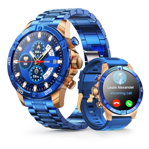 Smartwatch for Men 1.53-Inch Luxury Business Sports & Fitness Men's Watch, IP67 Water Resistant, 440mAh Extended Standby, Multi-Sport Mode and Monitor, Supports IOS 8.0 and Android 4.4 (Steel Blue)