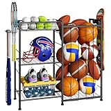 Sports Equipment Organizer, Ball Storage Rack with Elastic Straps and Removable Basket for Garage Organization, Garage Organizer with Hooks for Toy Sports Gear Storage, Sports Ball Storage Cart, Black