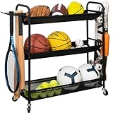 STORAGE MANIAC Basketball Rack 3-Shelf Training Stand Ball Holder Sports Ball Cart Garage Organizer Ball Basket Storage, Ball Rack for Garage or Gym, Indoor & Outdoor Sports Equipment Organizer