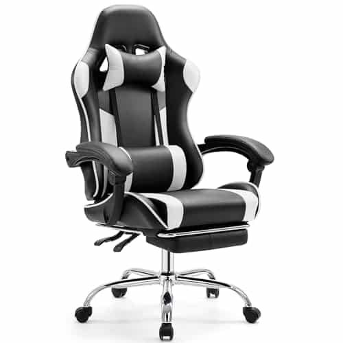 Sweetcrispy Video Game Desk Chair - Ergonomic Computer with Footrest and Comfy Lumbar Support, PU Leather Recliner with Headrest, Fixed Up Armrest, Height Adjustable with 360° Swivel, White, Adults