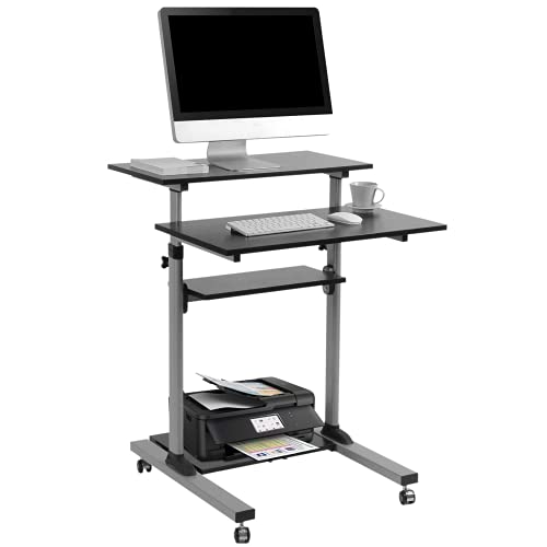 TechOrbits Rolling Desk for Laptop - Standing or Sitting Mobile Computer Cart with Wheels, Adjustable Height & 27.5-inch Surface - Portable Home Office Workstation - Black﻿