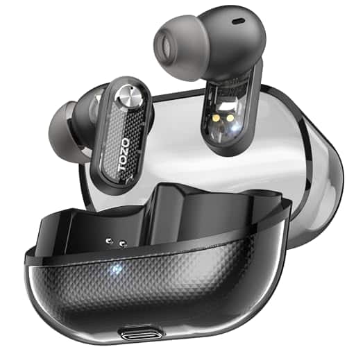 TOZO Crystal Pods Hybrid Active Noise Cancelling Wireless Earbuds, Dual Mics ENC AI Clear Calls, Bluetooth 5.4 in Ear Headphones, 35H Long Playtime, IPX5 Waterproof Headset, 32 EQs Via App, Black