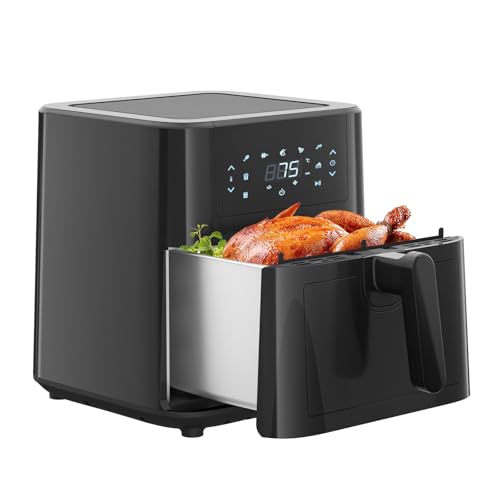 Vexon 7.4QT Stainless Steel Air Fryer,1500W 8-In-1 Non Stick Large Air Fryer with See-Through Window,Dishwasher Safe And Family Size,140℉-400℉ Touch Screen For French Fries,Chicken