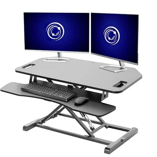 VIVO Extra Wide 38 inch Corner Desk Converter, K Series, Height Adjustable Sit to Stand Riser, Dual Monitor and Laptop Workstation with Wide Keyboard Tray, Black, DESK-V000KL