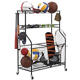 WALMANN Garage Ball and Sports Equipment Organizer, Ball Storage Rack Indoor/Outdoor Kids Ball/Toy Storage Organizer Bins, Rolling Ball Cart with Baskets