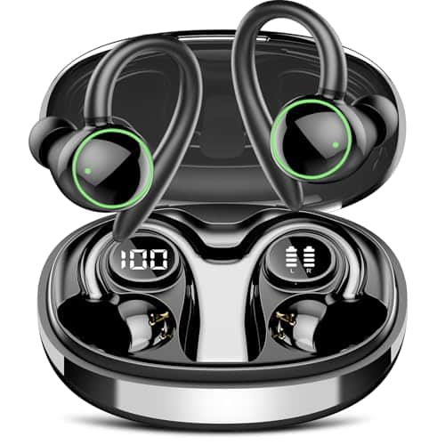 Wireless Earbuds, Bluetooth 5.3 Headphones Sport, Over Ear Buds With ENC Noise Cancelling Mic, 48H, Wireless Earphone With Earhooks, Stereo Deep Bass, IP7 Waterproof Headset for Workout Running, Black