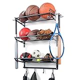 XCSOURCE Garage Sports Equipment Storage Rack with 3 Separate Shelf, Ball Rack, Sport Equipment Organizer with 4 Hooks for Badminton Racket, Basketball Rack for Basketball Football Rugby
