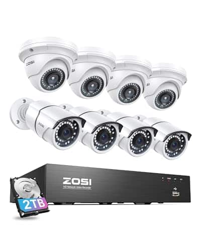 ZOSI 4K 8CH PoE Security Camera System, 8 Ports 16CH 8MP NVR Recorder with 2TB HDD, 8pcs Weatherproof 5MP Outdoor Indoor Home Surveillance IP Cameras, Night Vision, Motion Alert, for 24/7 Recording