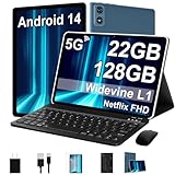 2024 Tablet 10 Inch Android 14 Tablets with Keyboard, 22GB RAM 128GB ROM, Widevine L1, Octa-Core, 8000mAh Battery, 5G Wifi, HD IPS Display, TF 1TB, GPS, Mouse, Case, Split Screen, Metal Body -Blue