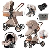3 in 1 Baby Travel System Convertible Reversible Baby Stroller Portable Pushchair Infant Standard Pram Foldable Baby Carriage Luxury High Landscape Buggy for Newborn (UDV9-KHAKI with Base)