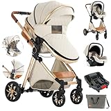 Aveainelle 3 in 1 Baby Stroller Travel System Combo Set, Reversible Infant Stroller with One-Click Folding, Convertible Newborn Toddler Pram Carriage with Aluminum Frame (UDV9-WHITE with Base)