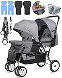 Double Stroller, Double Stroller for Infant Toddler, Foldable Double Baby Stroller with Tandem Seating and Adjustable Backrest - Extra Gift Toys/Mosquito Net/Sleeping Mats/ 2 Hooks/ 2 Pads (Grey)