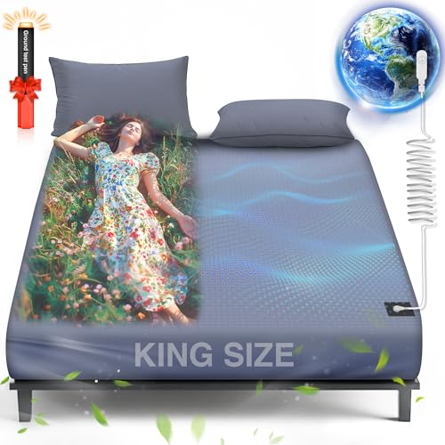Grounding Sheets King, 95% Organic Cotton+ 5% Pure Silver Fiber, Grounded Sheets with Grounding Cord, Bed Grounding Kit for Healthy Sleep Therapy [King-76