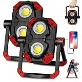 LED Work Light Rechargeable, 2 COB 2500LM Folding Portable Flood Light with Magnetic Base and 360° Rotation Stand, Waterproof Spotlights for Camping Car Repairing Emergency Job Site Lighting (2, Red)