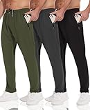lomsoe 3 Pack Mens Athletic Pants with Zip Pockets Lightweight Sweatpants for Men Joggers Pants Quick Dry Workout Sweat Pants(Black,Dark Gray,Army Green,L)