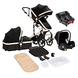 Sianldcone 3 in 1 Baby Stroller Travel System Combo Set, Reversible Convertible Infant Stroller with One-Click Folding, Toddler Newborn Pram Carriage with Aluminum Frame (UD588-BLACKGOLD with Base)